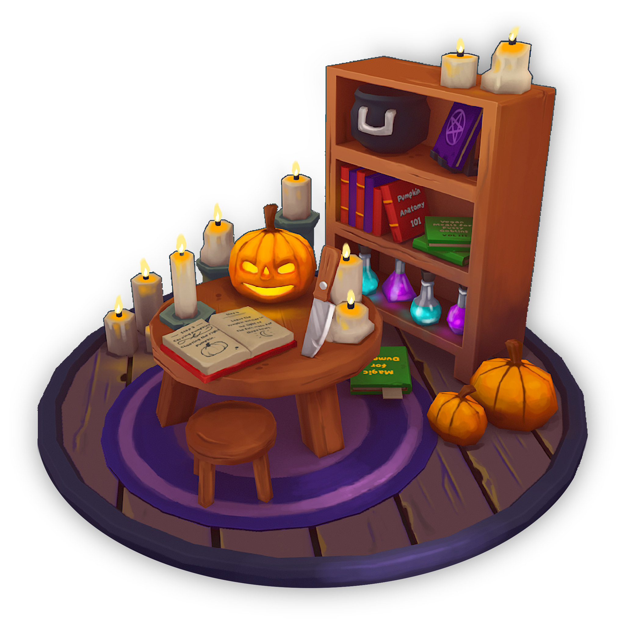 Halloween scene — hand-painted 3D diorama with jack-o-lantern, spell books, candles, and potions